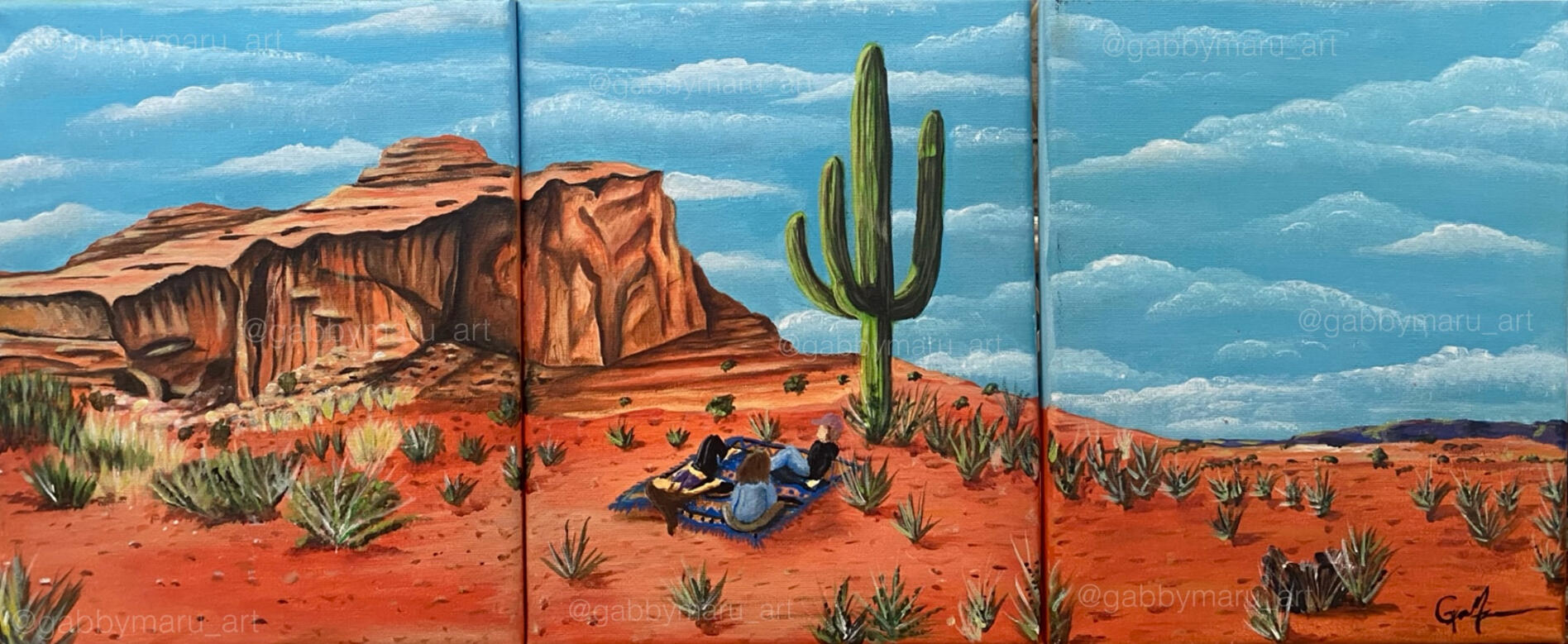Picnics in the Desert-- Acrylic on three separate 8"x10" canvases, 2020