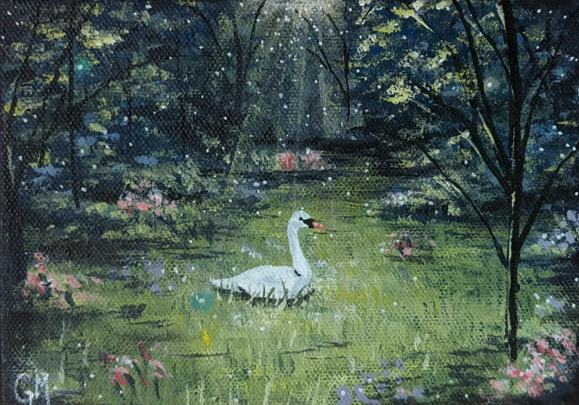 SOLD Swan in Meadow 5"x7" Acrylic on Canvas